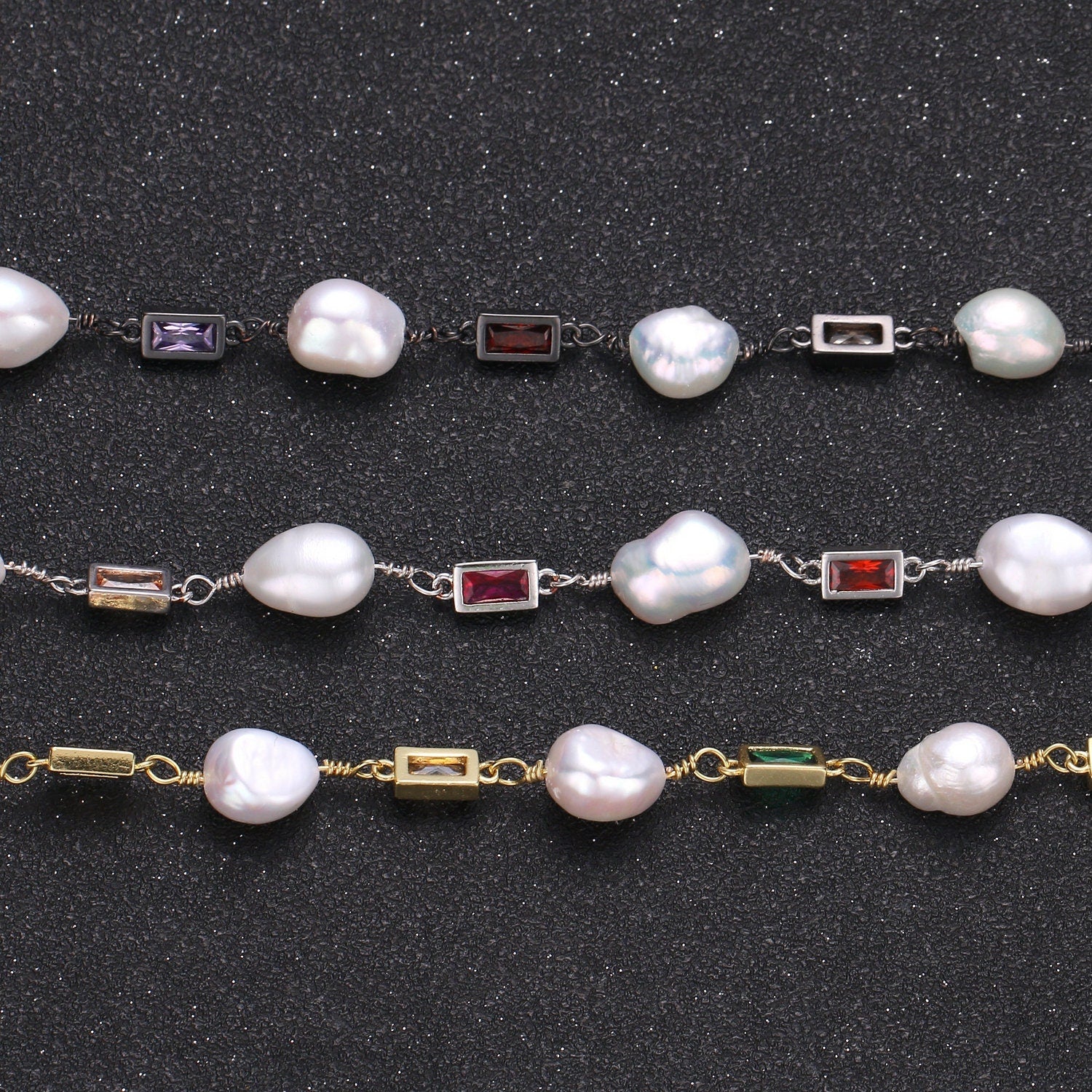 Fresh Water Pearl Micro Pave Charm 24K Gold Chain by Yard, Multi color Square Cubic Chain, Baroque Pearl CZ Chain, Roll-319.320,321