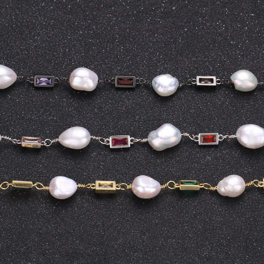 Fresh Water Pearl Micro Pave Charm 24K Gold Chain by Yard, Multi color Square Cubic Chain, Baroque Pearl CZ Chain, Roll-319.320,321
