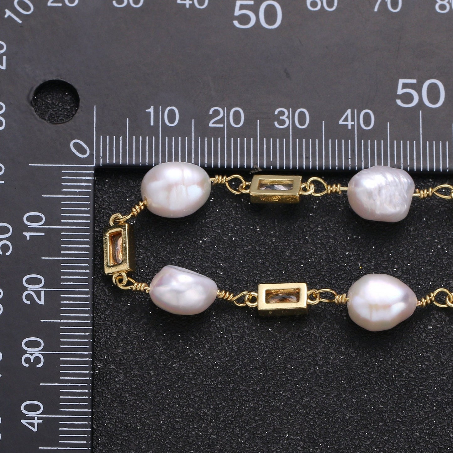 Fresh Water Pearl Micro Pave Charm 24K Gold Chain by Yard, Multi color Square Cubic Chain, Baroque Pearl CZ Chain, Roll-319.320,321