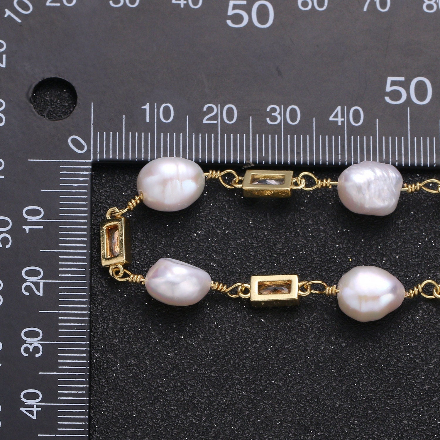 Fresh Water Pearl Micro Pave Charm 24K Gold Chain by Yard, Multi color Square Cubic Chain, Baroque Pearl CZ Chain, Roll-319.320,321