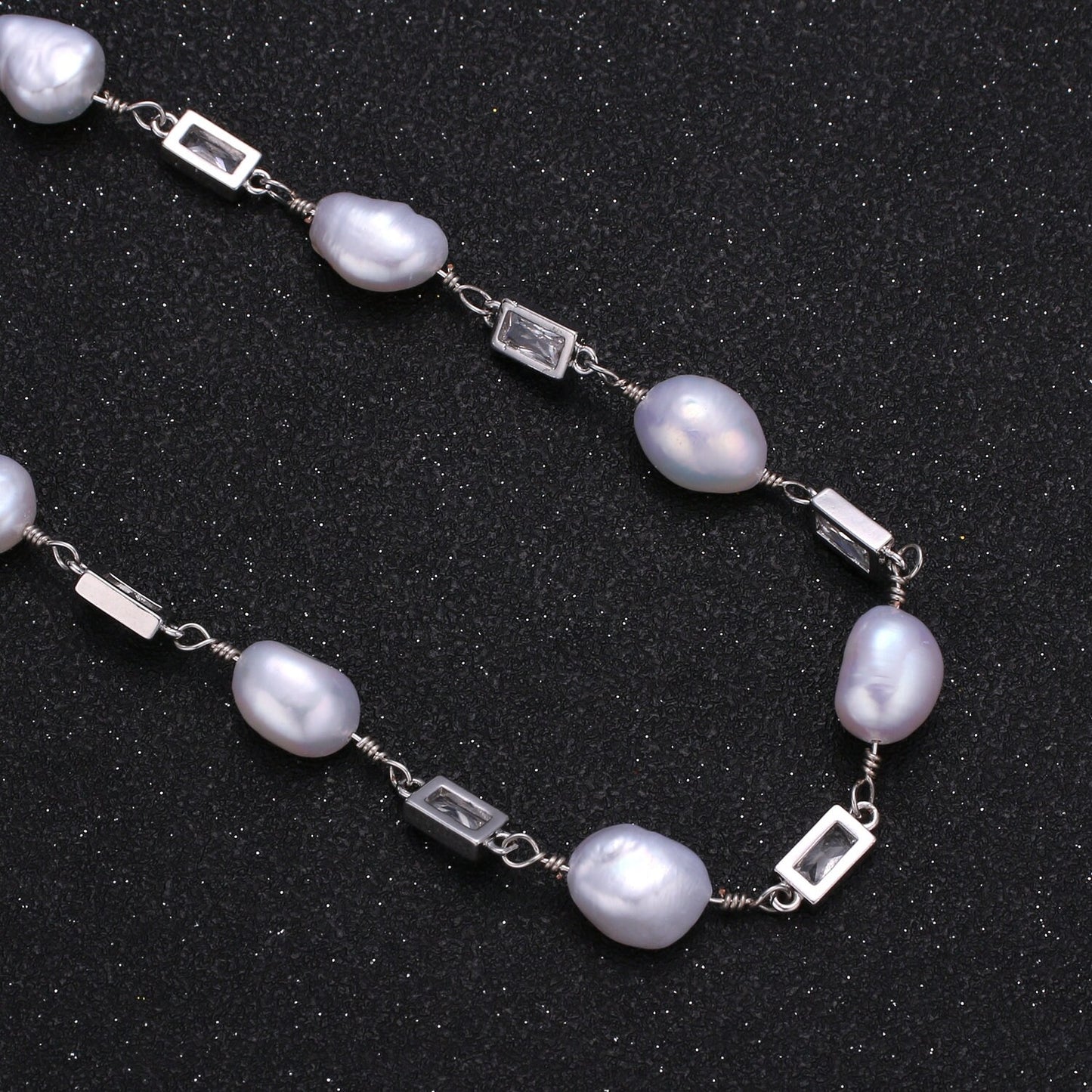 Baroque Fresh Water Pearl Micro Pave Charm 24K Gold Chain by Yard Clear Cubic Square Charm Chain White Pearl CZ Roll-349.350,351