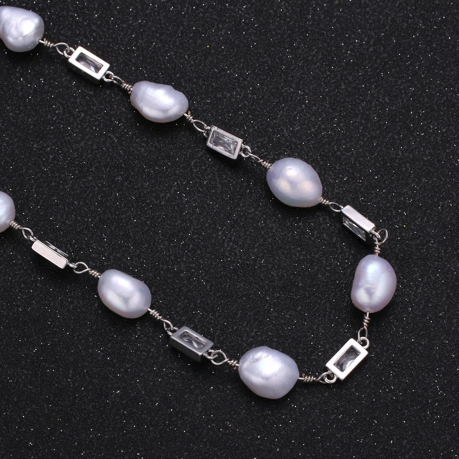 Baroque Fresh Water Pearl Micro Pave Charm 24K Gold Chain by Yard Clear Cubic Square Charm Chain White Pearl CZ Roll-349.350,351