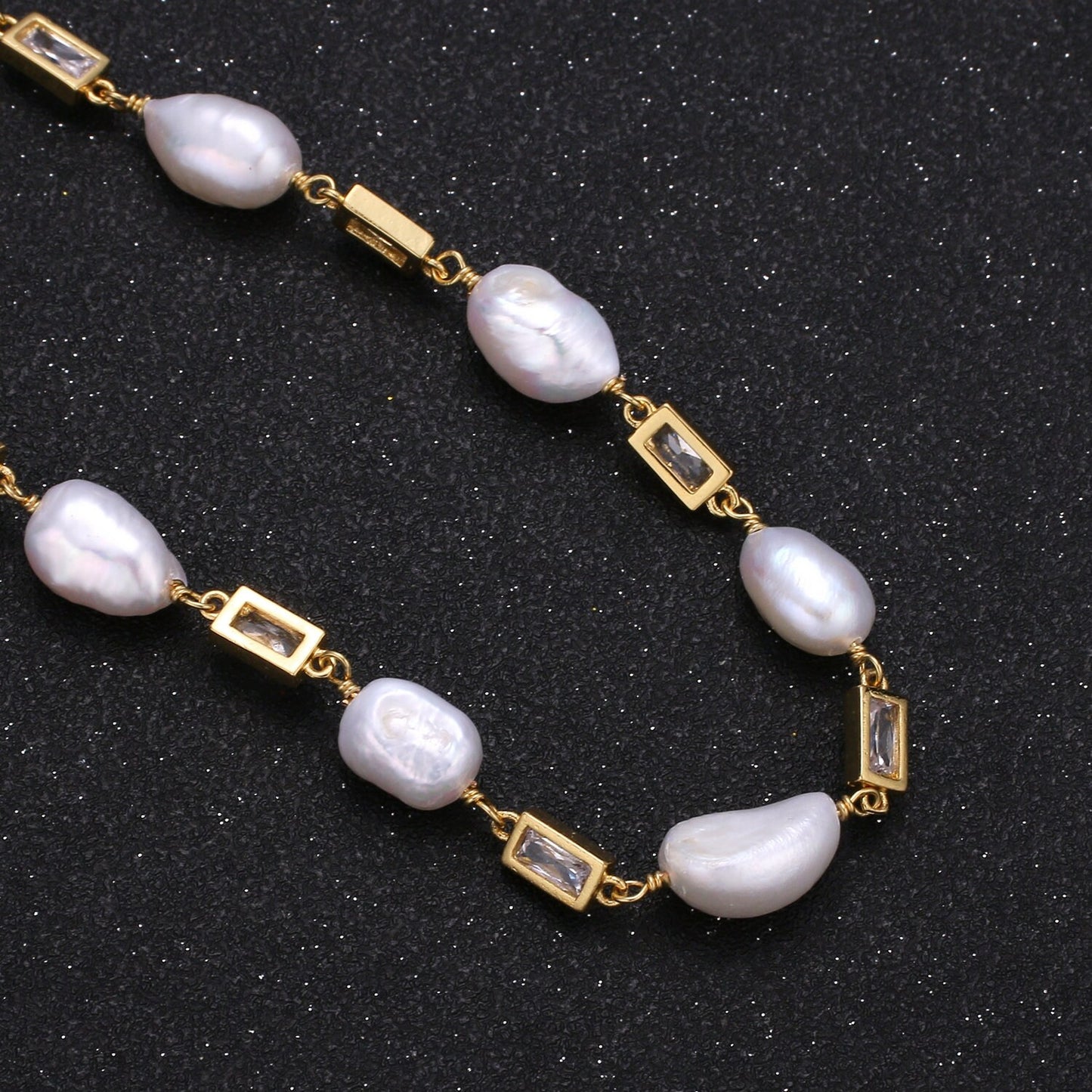 Baroque Fresh Water Pearl Micro Pave Charm 24K Gold Chain by Yard Clear Cubic Square Charm Chain White Pearl CZ Roll-349.350,351