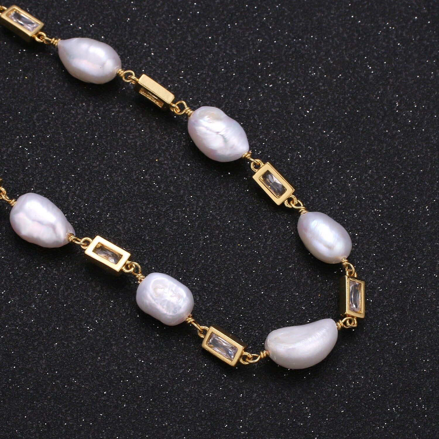 Baroque Fresh Water Pearl Micro Pave Charm 24K Gold Chain by Yard Clear Cubic Square Charm Chain White Pearl CZ Roll-349.350,351