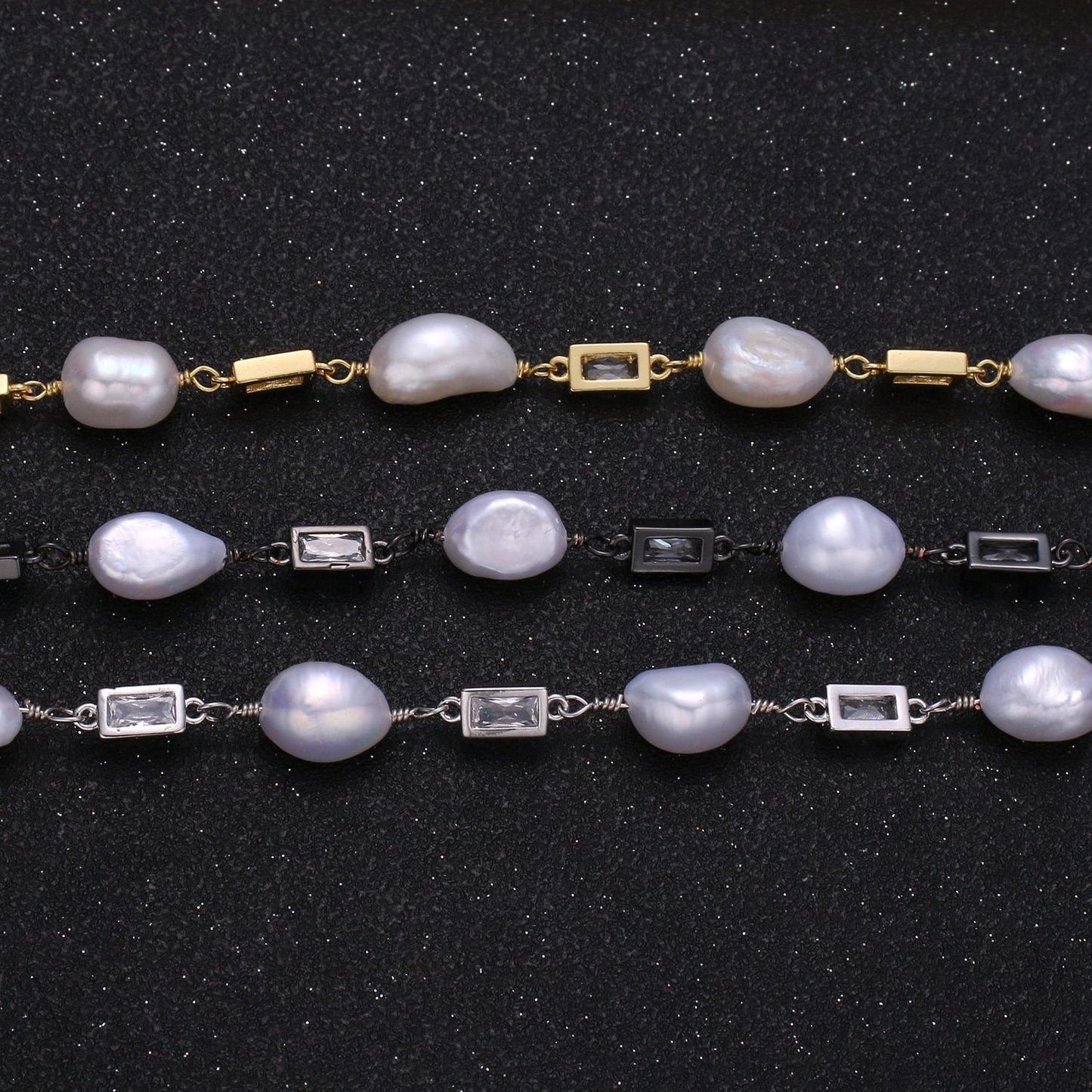 Baroque Fresh Water Pearl Micro Pave Charm 24K Gold Chain by Yard Clear Cubic Square Charm Chain White Pearl CZ Roll-349.350,351
