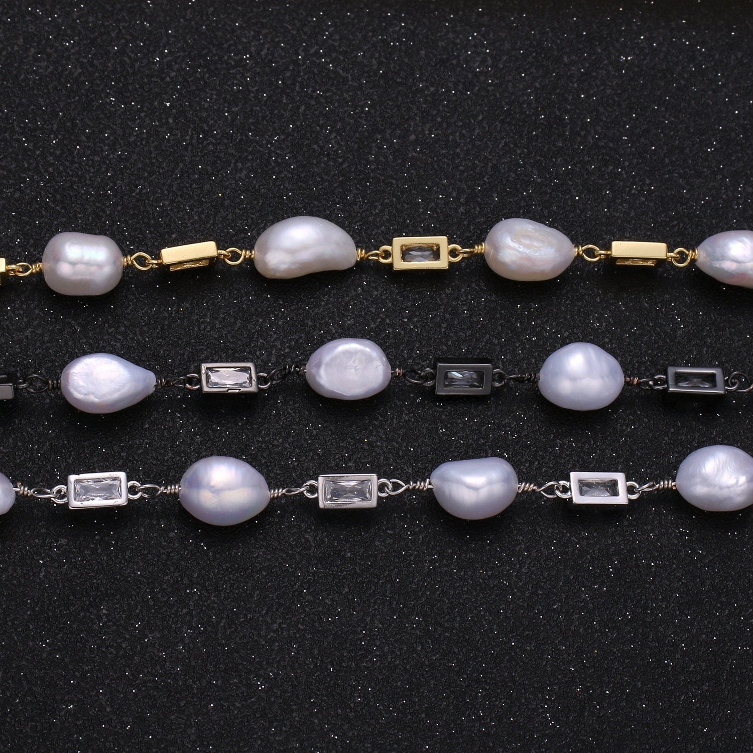 Baroque Fresh Water Pearl Micro Pave Charm 24K Gold Chain by Yard Clear Cubic Square Charm Chain White Pearl CZ Roll-349.350,351