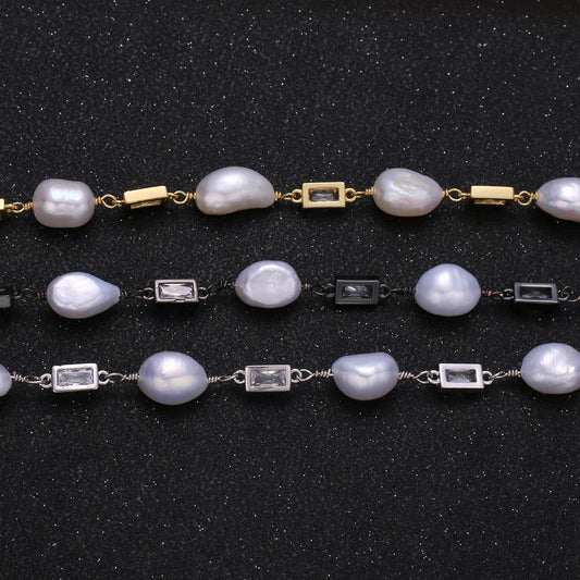 Baroque Fresh Water Pearl Micro Pave Charm 24K Gold Chain by Yard Clear Cubic Square Charm Chain White Pearl CZ Roll-349.350,351