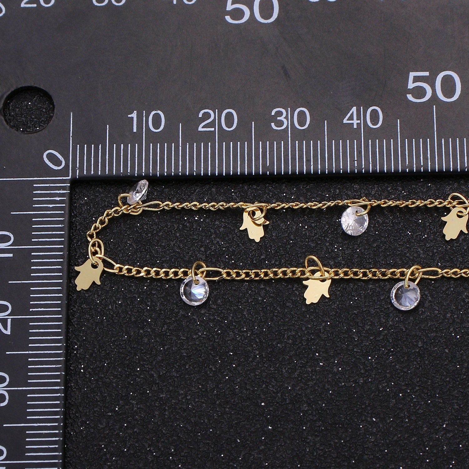 Hamsa Hand 24K Gold Cubic Chain by Yard, Hamesh CZ Charm Specialty Link Chain by Foot, Star 5.1mm x4.1mm Chain 0.6mm Thick, Roll-363