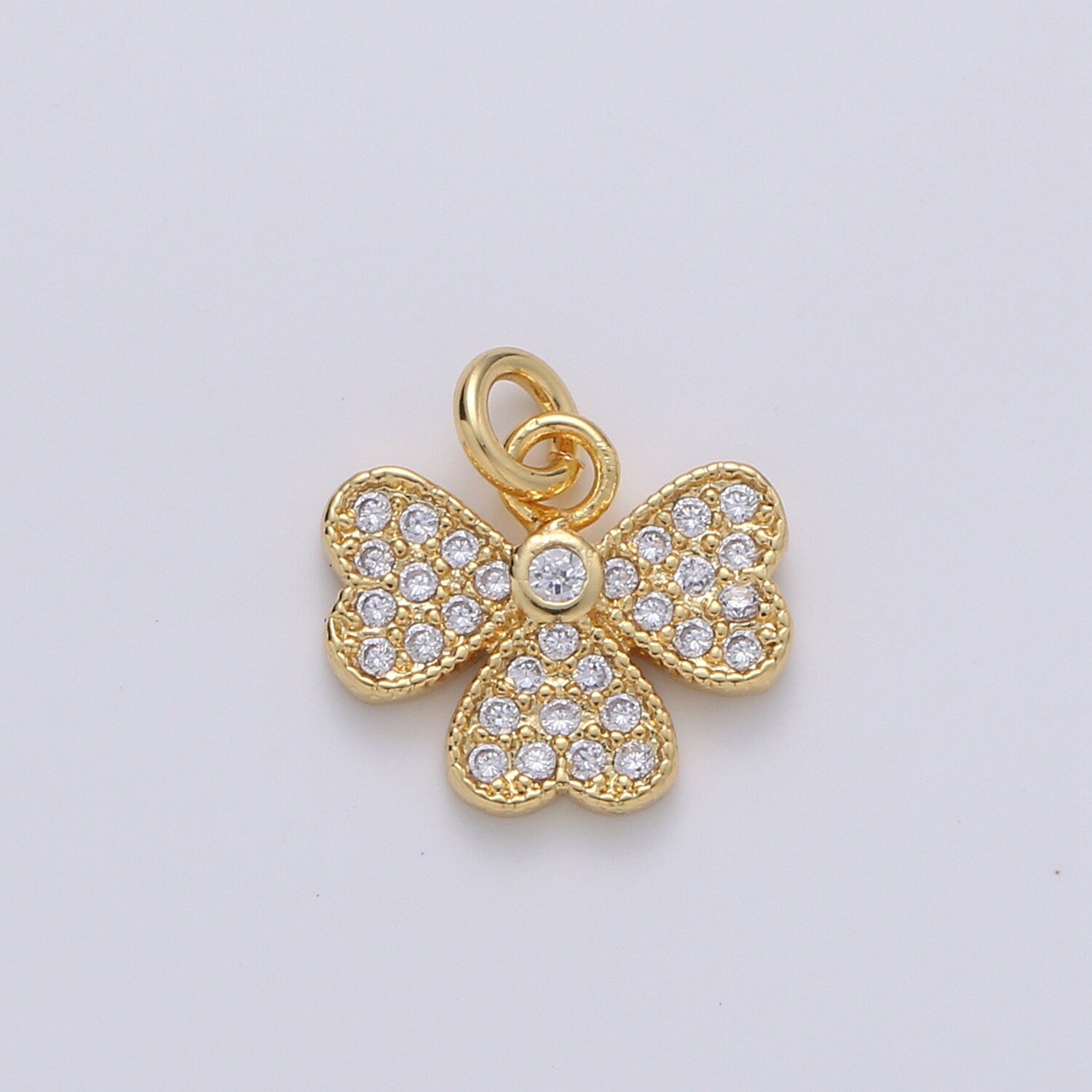 14k Gold Bow Charm Micro Pave Ribbon Charm, Clear Cubic Charms, CZ Gold Mini Charm, Dainty Minimalist Jewelry Supply