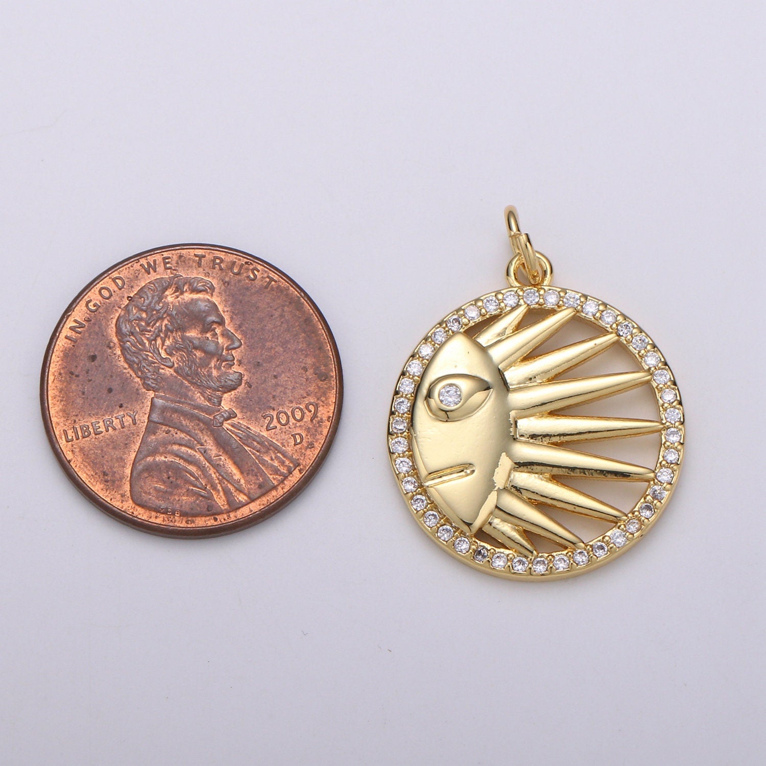 Solar Coin CZ Charms Sun Celestial Cubic Pave Coin Pendant 24K Gold Gold CZ Drop Charm Pendant, Celestial Jewelry. CHGF-001862