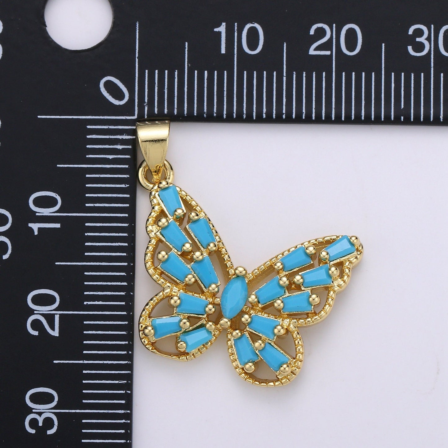 Teal Cabochon Butterfly Baguette Micro Pave 14K Gold Pendant, Cubic Zirconia Butterfly Pendant Charm ,For DIY Jewelry PDGF-001427