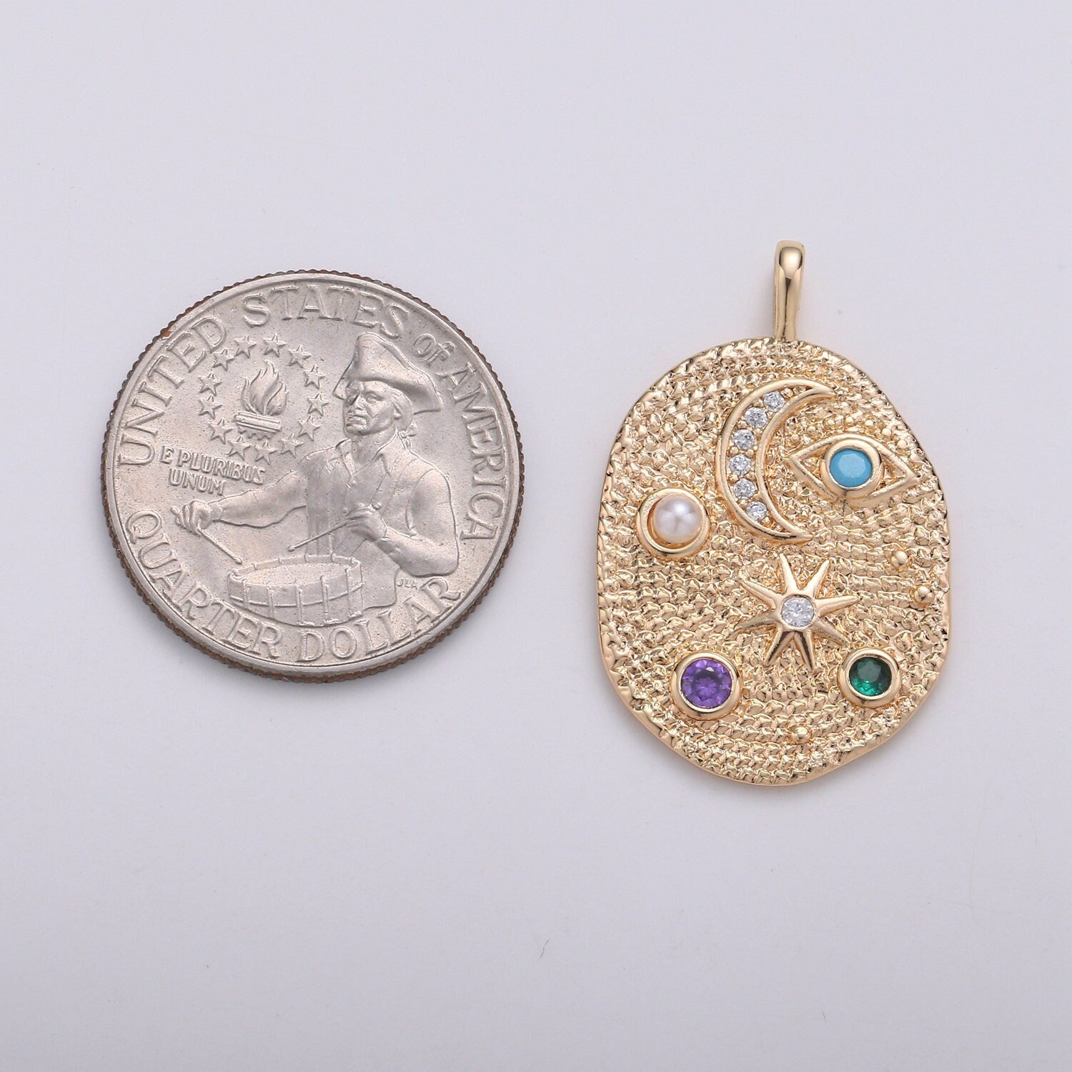 Pearl and Multi color CZ Planet in the Ovum Universe Pendant 14K gold Charm, Star, Cresent Moon, Galaxy, DIY Jewelry Necklace making