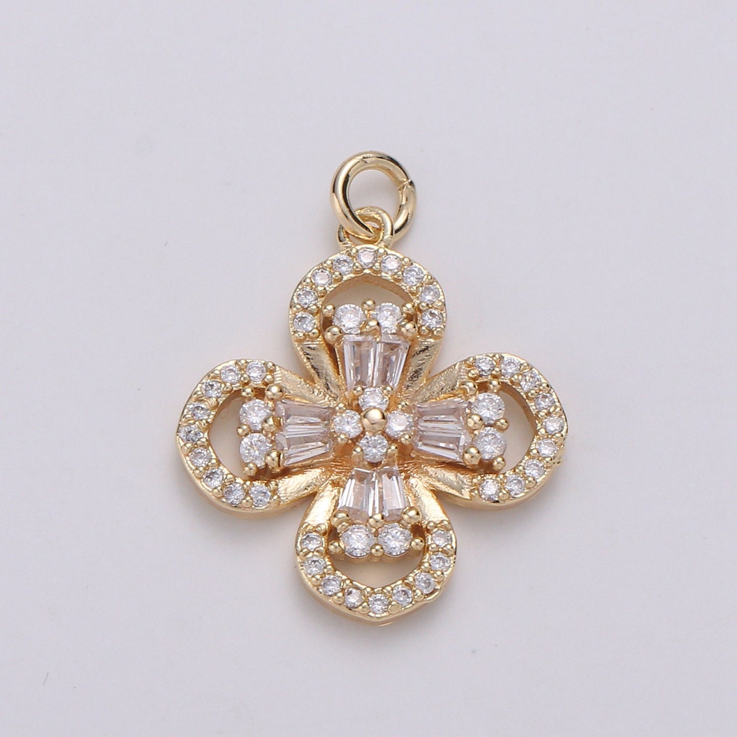 Baguette Micro Pave Charm 24K Gold Shamrock Cross Lucky Charm, Cubic Zircon Cluster Charm forNecklace Earring BraceletJewelry Ch 1056