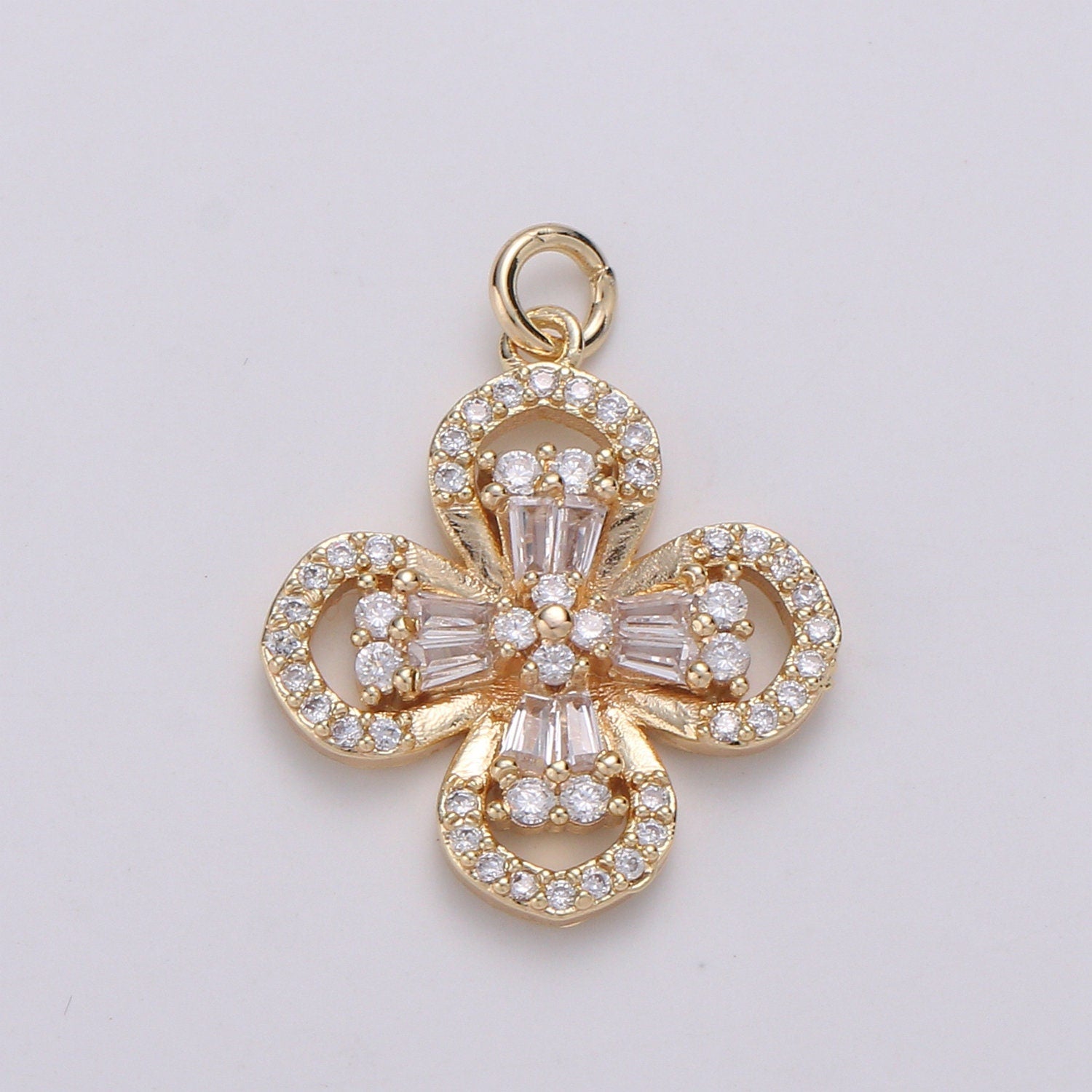 Baguette Micro Pave Charm 24K Gold Shamrock Cross Lucky Charm, Cubic Zircon Cluster Charm forNecklace Earring BraceletJewelry Ch 1056