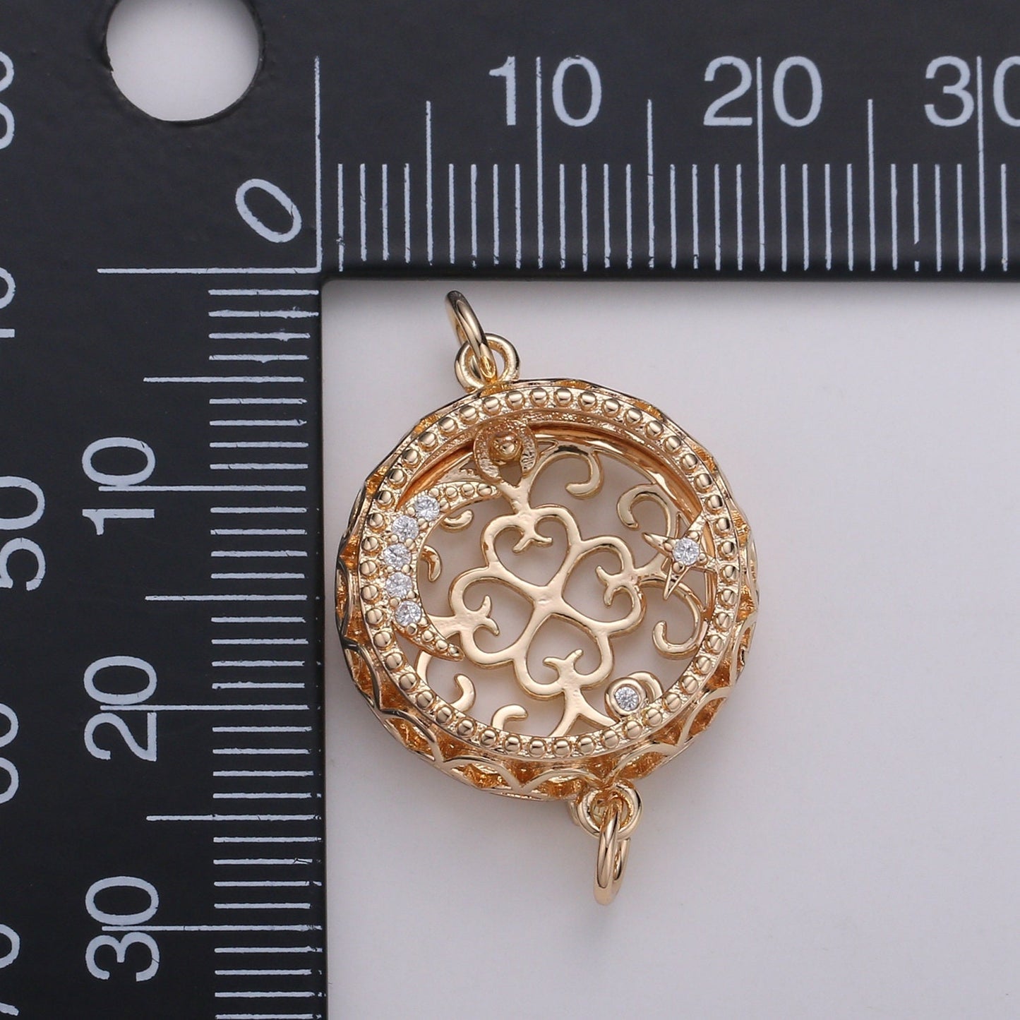 1pc18K Filligree Essential Oil Diffuser, Cresent Moon, Star, Planet Gold Plated Micro Pave CZ Connector Micro Pave CZ Bracelet Connector