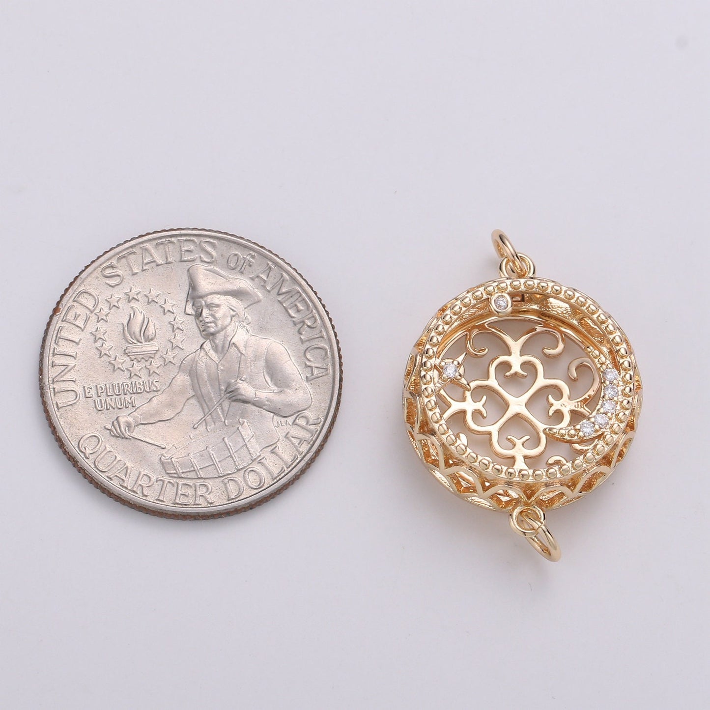 1pc18K Filligree Essential Oil Diffuser, Cresent Moon, Star, Planet Gold Plated Micro Pave CZ Connector Micro Pave CZ Bracelet Connector