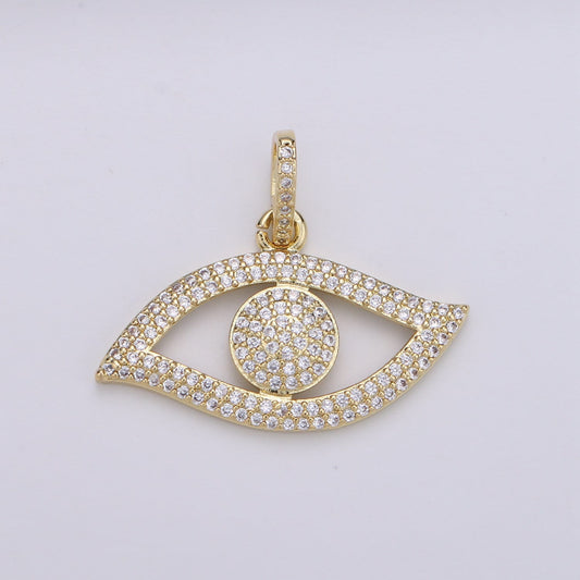 14K Gold Evil Eye CZ Micro Pave Pendant, CZ Micro Pave Left Eye Charm, Cluster Cubic Oeil Pendant, Ojo Micro Pave Charm,
