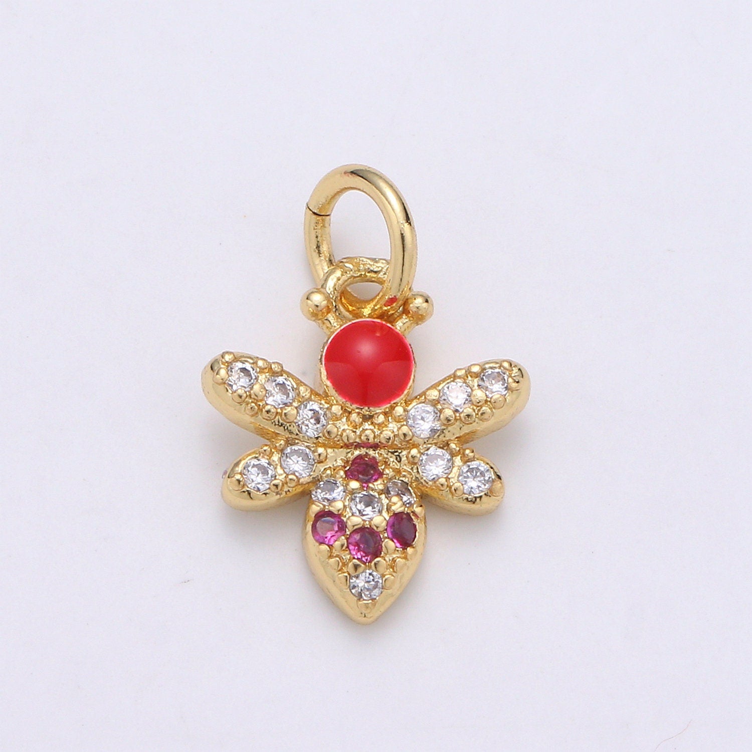 1pc Redhead 24K Gold Colorful Enamel Micro Pave CZ Bee Pendant Charm, Insect Bug Pendant Charm, Flies Pendant, CHGF-1965