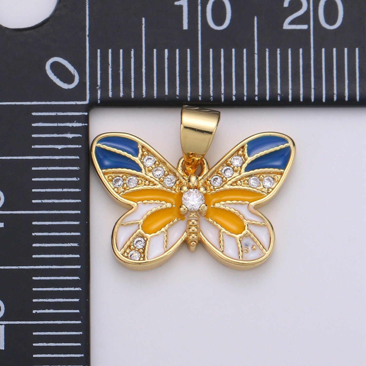 14K Gold Micro Pave Butterfly Charm Cubic Zirconia Mariposa Enamel Yellow Pendant Charm Pear Cut CZ Moth Charm, PDGF-2080