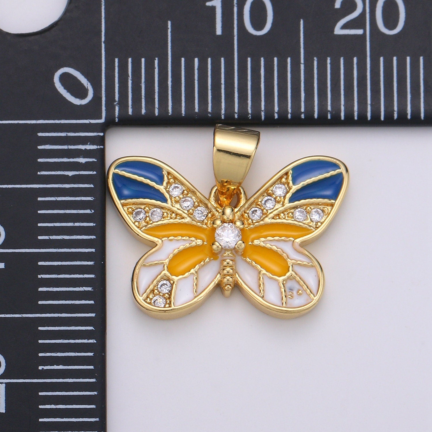 14K Gold Micro Pave Butterfly Charm Cubic Zirconia Mariposa Enamel Yellow Pendant Charm Pear Cut CZ Moth Charm, PDGF-2080