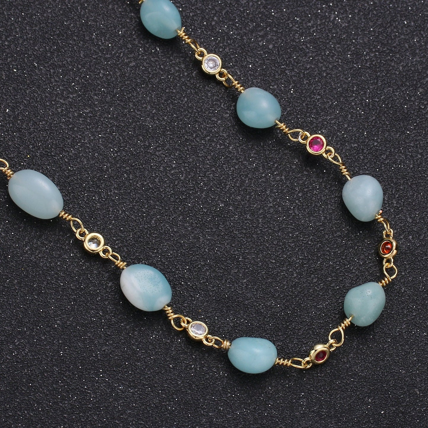 Amazonite Stone Micro Pave Charm 24K Gold Chain by Yard,Cubic Round Charm Chain, Semiprecious Stone Heart Chakra Chain, Roll-335