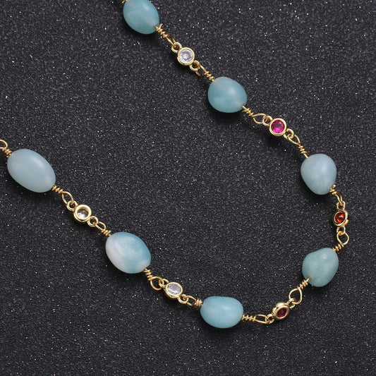 Amazonite Stone Micro Pave Charm 24K Gold Chain by Yard,Cubic Round Charm Chain, Semiprecious Stone Heart Chakra Chain, Roll-335