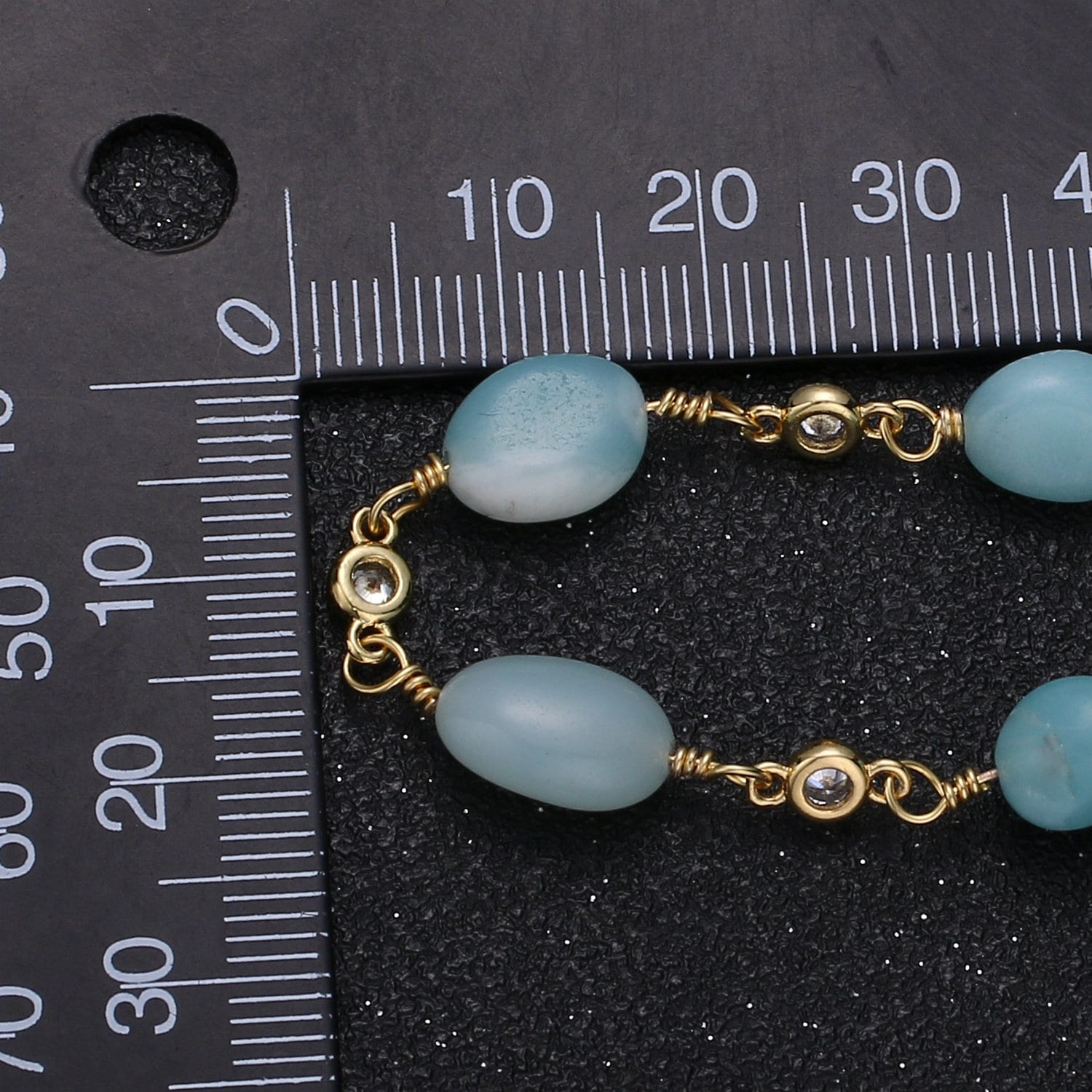 Amazonite Stone Micro Pave Charm 24K Gold Chain by Yard,Cubic Round Charm Chain, Semiprecious Stone Heart Chakra Chain, Roll-335