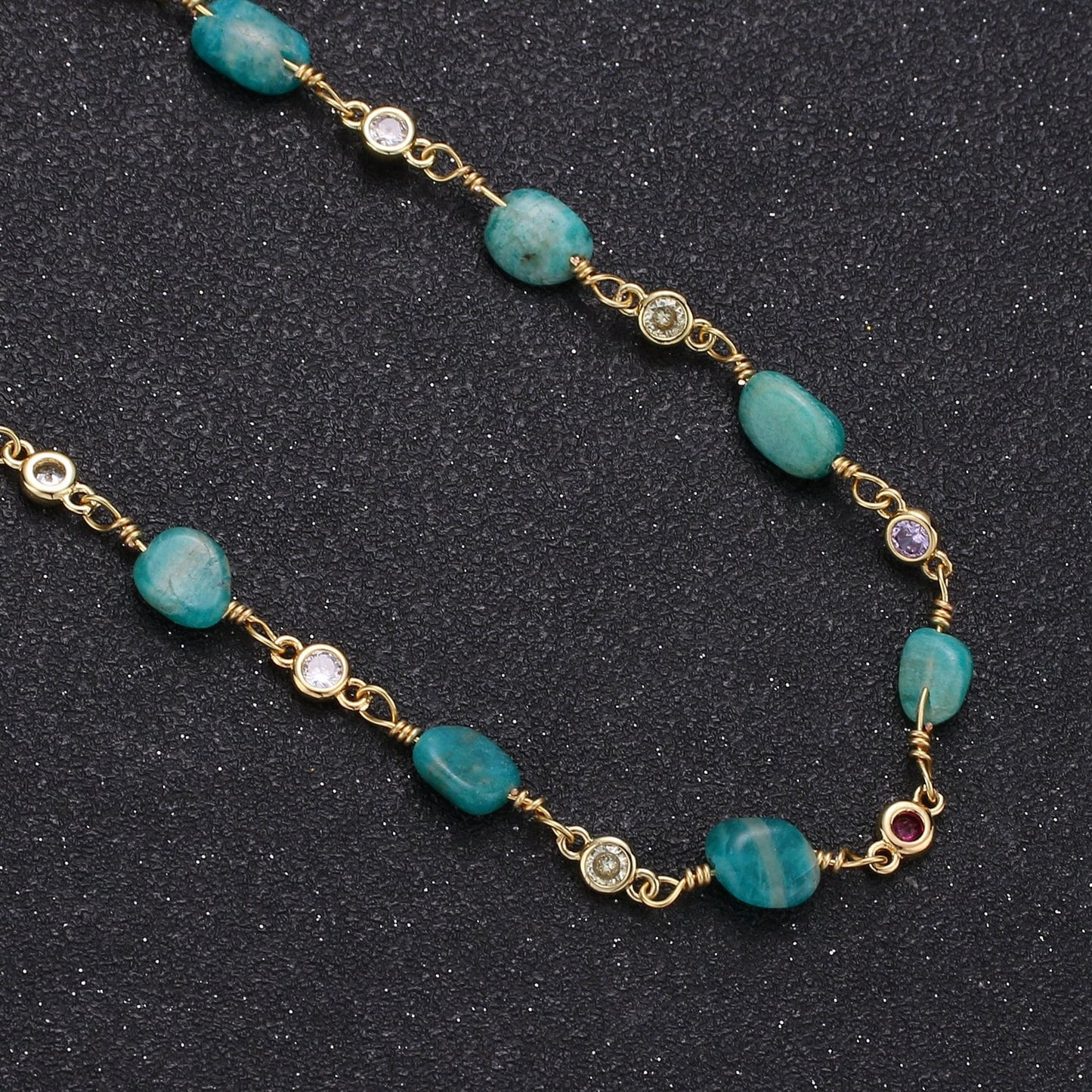 Green Aventurine Stone Micro Pave Charm 24K Gold Chain by Yard,Cubic Round Charm Chain, Good Luck Semiprecious Stone Chain, Roll-332