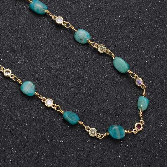 Green Aventurine Stone Micro Pave Charm 24K Gold Chain by Yard,Cubic Round Charm Chain, Good Luck Semiprecious Stone Chain, Roll-332