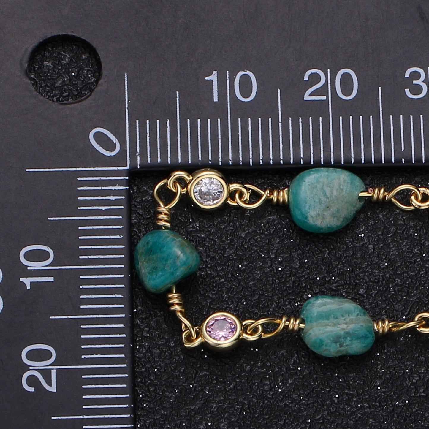 Green Aventurine Stone Micro Pave Charm 24K Gold Chain by Yard,Cubic Round Charm Chain, Good Luck Semiprecious Stone Chain, Roll-332