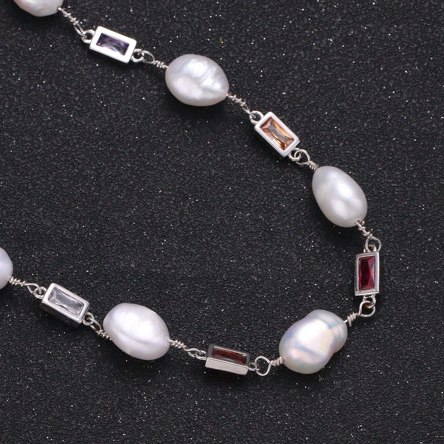 Fresh Water Pearl Micro Pave Charm 24K Gold Chain by Yard, Multi color Square Cubic Chain, Baroque Pearl CZ Chain, Roll-319.320,321
