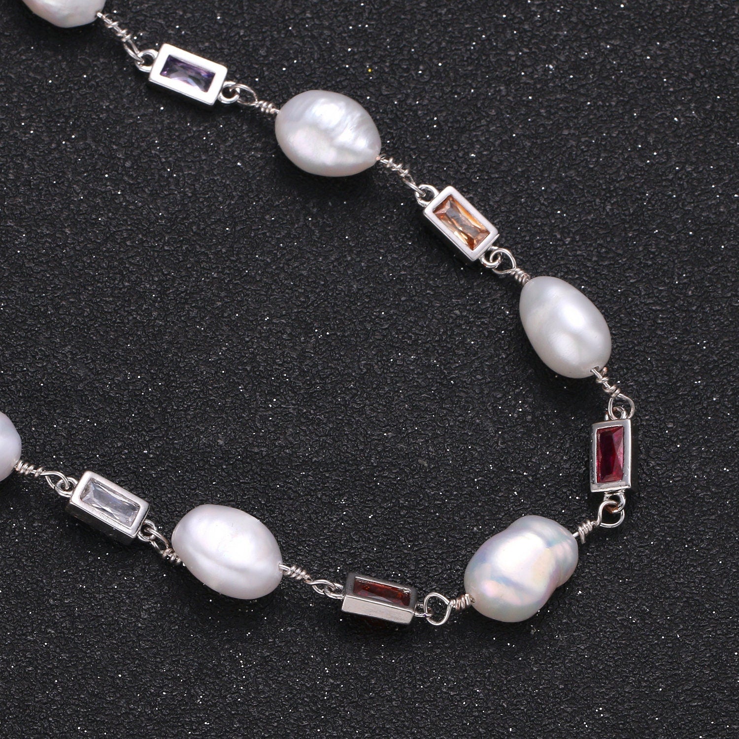 Fresh Water Pearl Micro Pave Charm 24K Gold Chain by Yard, Multi color Square Cubic Chain, Baroque Pearl CZ Chain, Roll-319.320,321