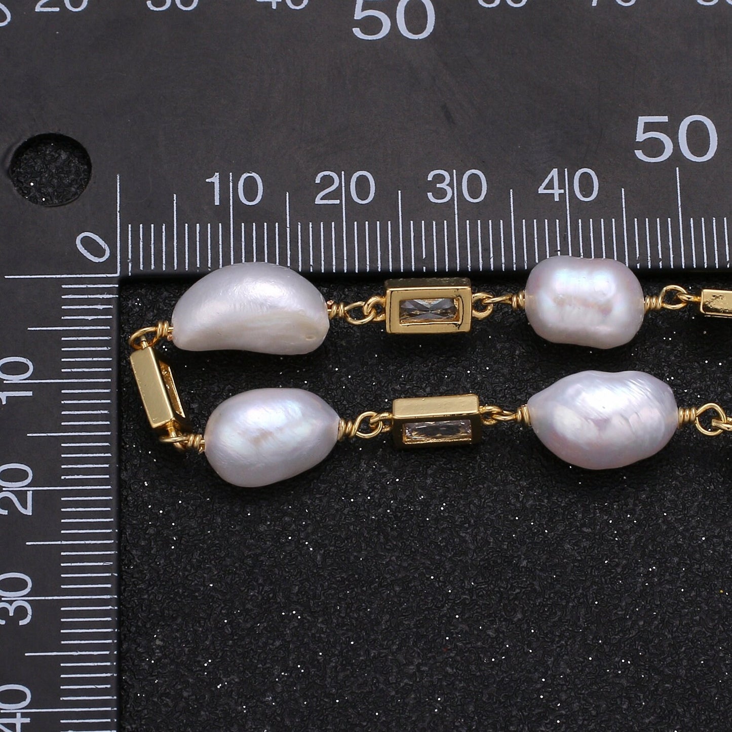 Baroque Fresh Water Pearl Micro Pave Charm 24K Gold Chain by Yard Clear Cubic Square Charm Chain White Pearl CZ Roll-349.350,351