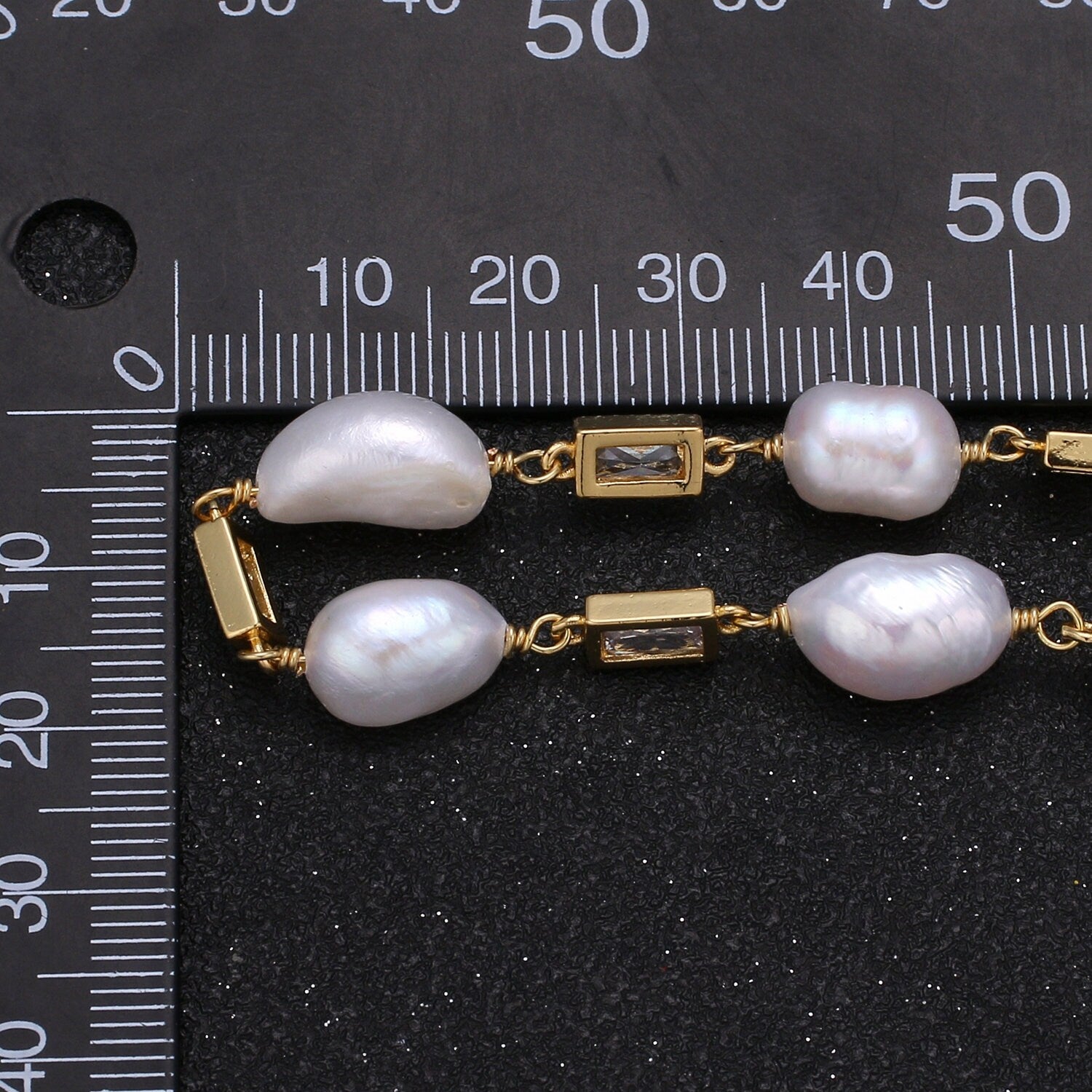 Baroque Fresh Water Pearl Micro Pave Charm 24K Gold Chain by Yard Clear Cubic Square Charm Chain White Pearl CZ Roll-349.350,351