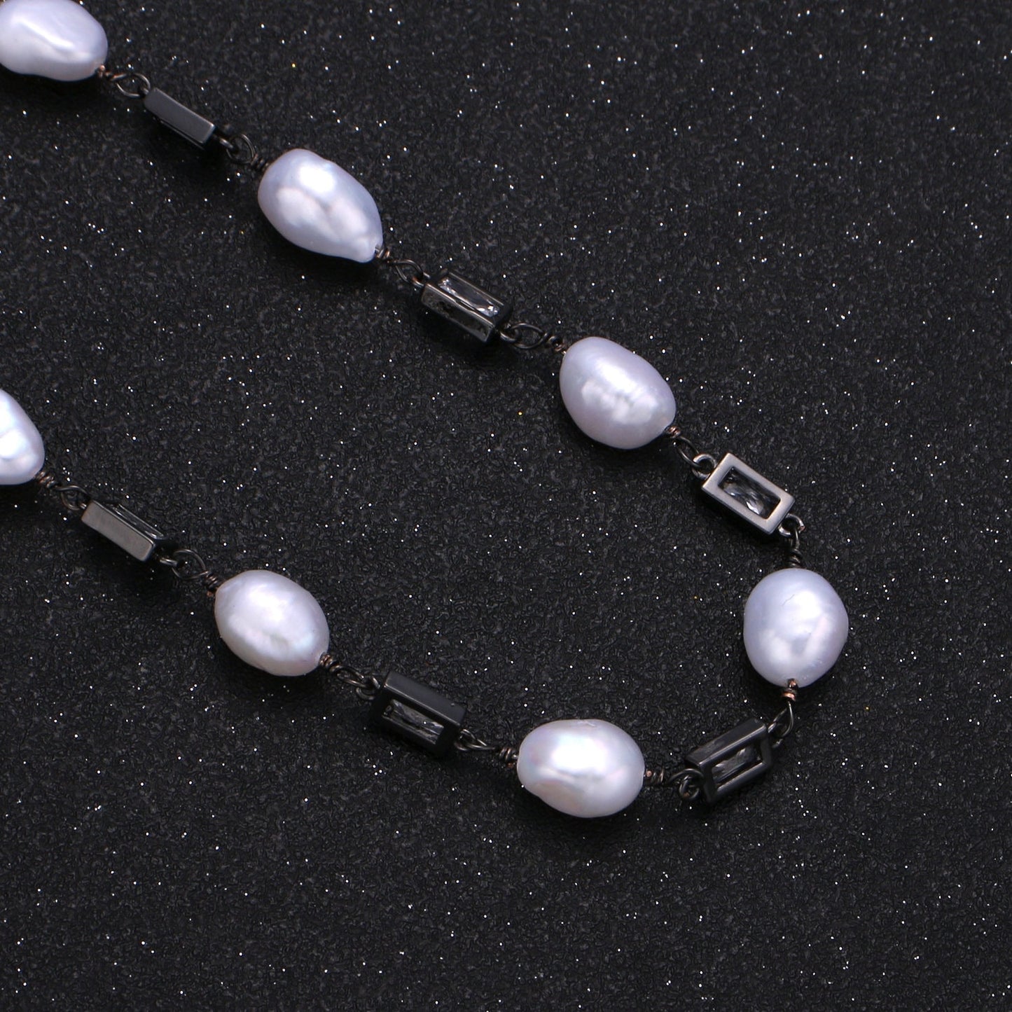 Baroque Fresh Water Pearl Micro Pave Charm 24K Gold Chain by Yard Clear Cubic Square Charm Chain White Pearl CZ Roll-349.350,351