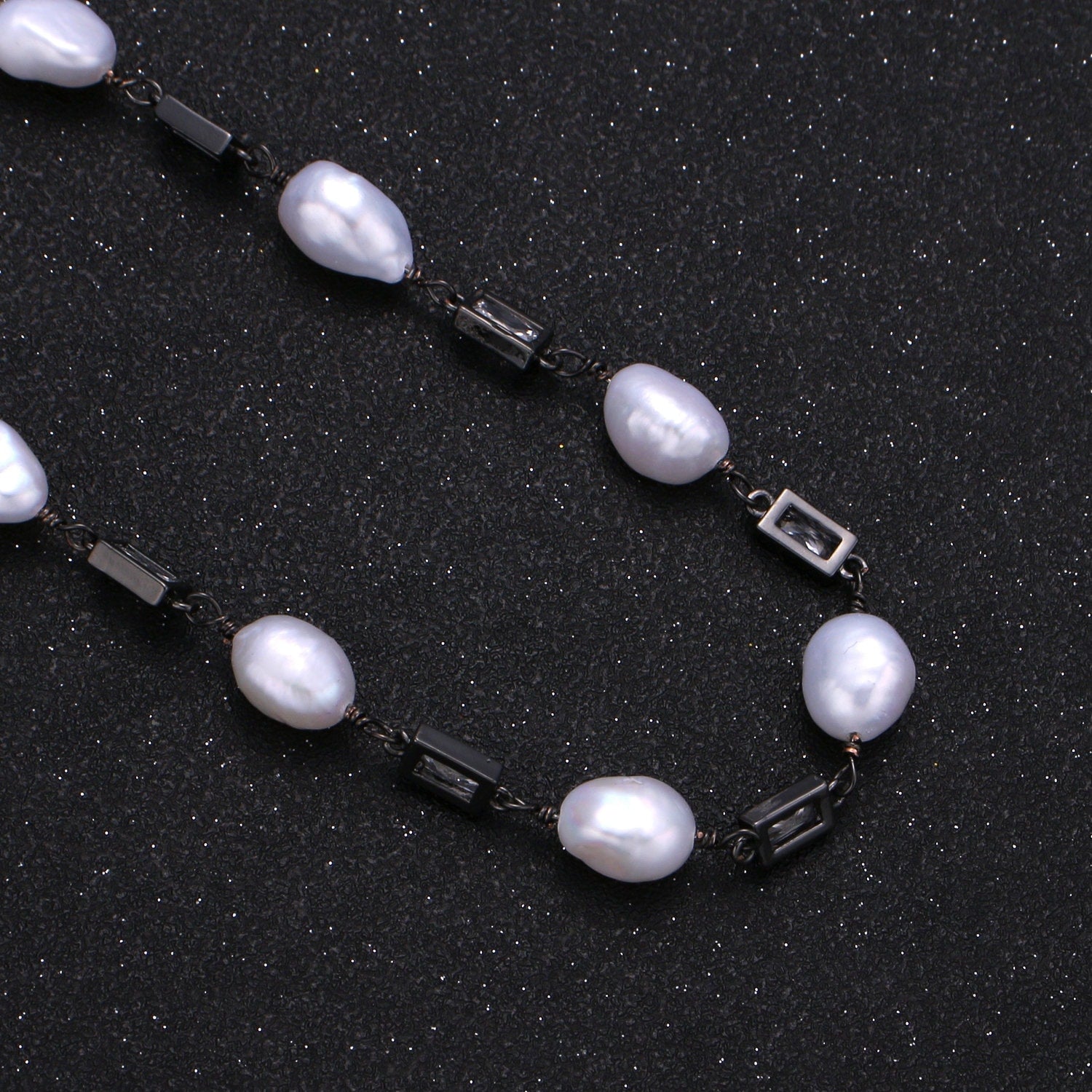 Baroque Fresh Water Pearl Micro Pave Charm 24K Gold Chain by Yard Clear Cubic Square Charm Chain White Pearl CZ Roll-349.350,351