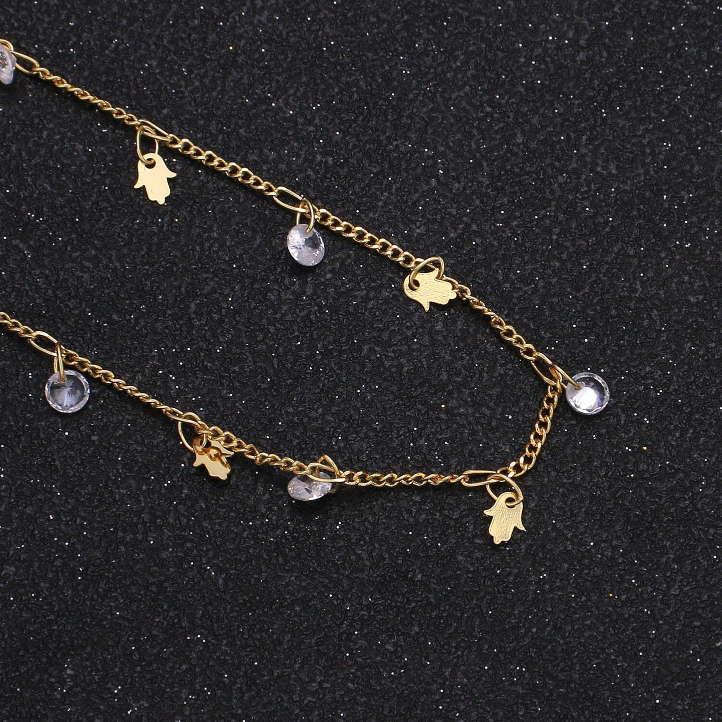 Hamsa Hand 24K Gold Cubic Chain by Yard, Hamesh CZ Charm Specialty Link Chain by Foot, Star 5.1mm x4.1mm Chain 0.6mm Thick, Roll-363