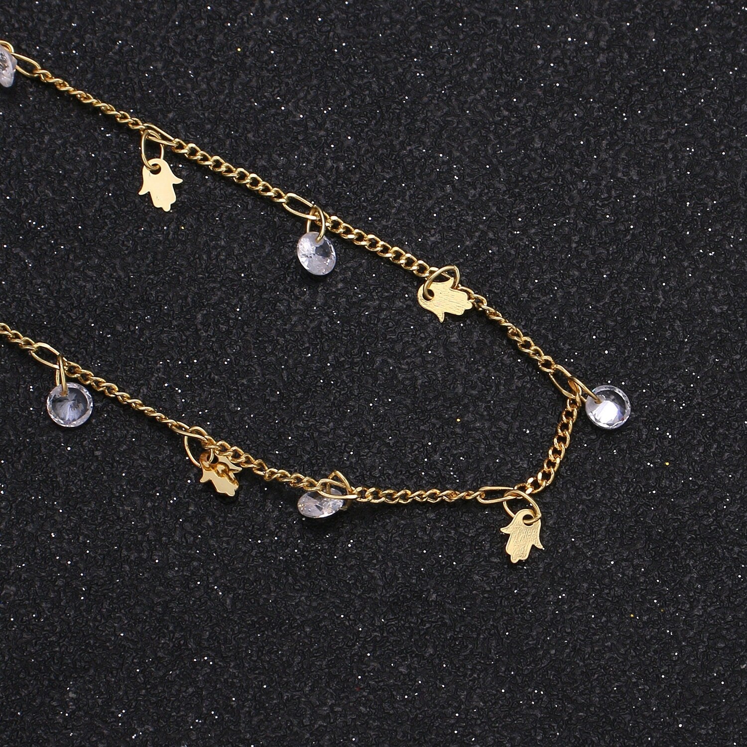 Hamsa Hand 24K Gold Cubic Chain by Yard, Hamesh CZ Charm Specialty Link Chain by Foot, Star 5.1mm x4.1mm Chain 0.6mm Thick, Roll-363