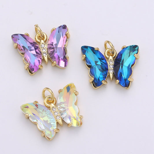 1pc Large Clear, Blue, Purple Wings Butterfly 24k Gold Micro Pave CZ Mariposa Pendant Charm Pendant, CHGF-1999,2000,2001