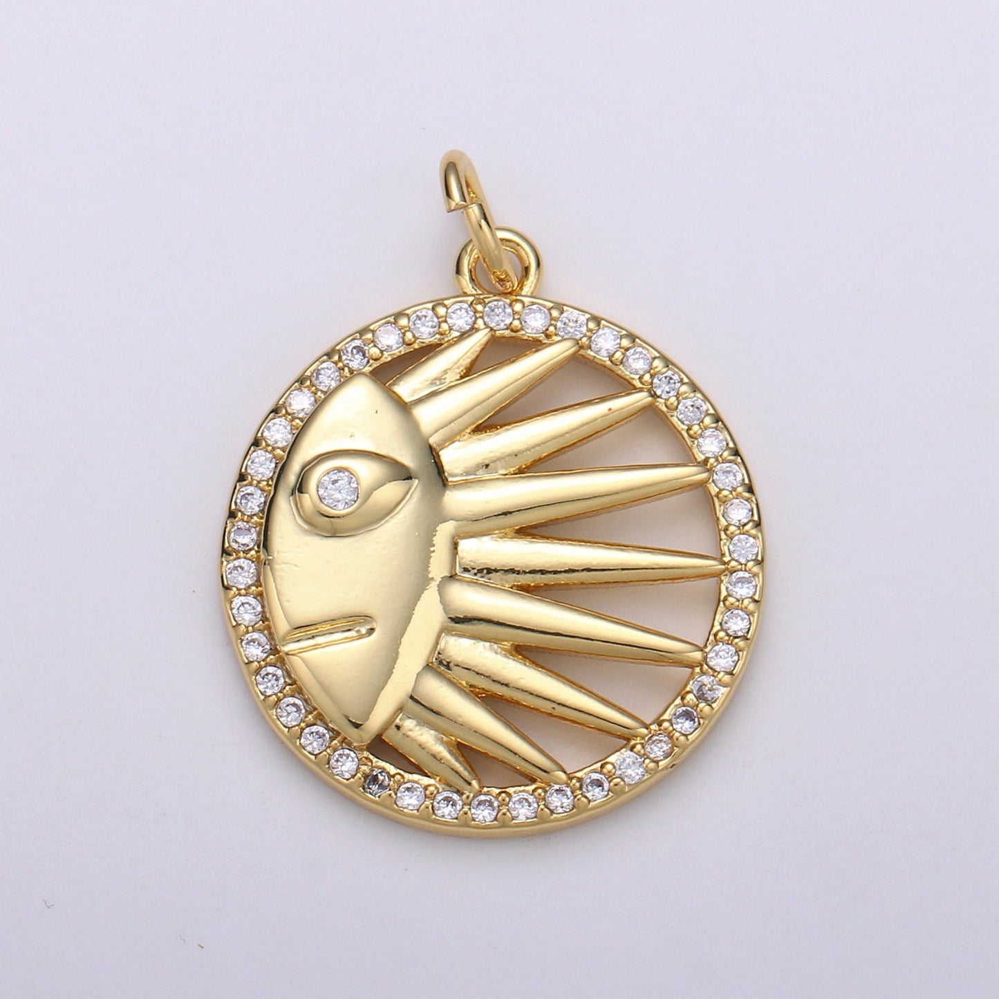 Solar Coin CZ Charms Sun Celestial Cubic Pave Coin Pendant 24K Gold Gold CZ Drop Charm Pendant, Celestial Jewelry. CHGF-001862