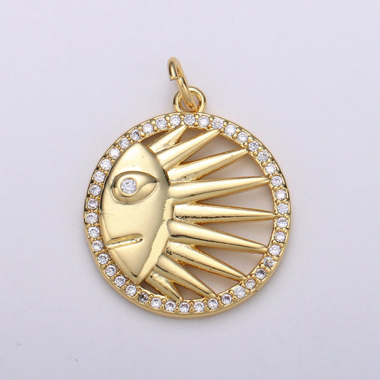 Solar Coin CZ Charms Sun Celestial Cubic Pave Coin Pendant 24K Gold Gold CZ Drop Charm Pendant, Celestial Jewelry. CHGF-001862