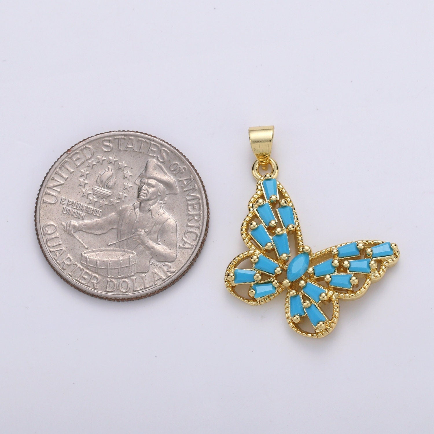 Teal Cabochon Butterfly Baguette Micro Pave 14K Gold Pendant, Cubic Zirconia Butterfly Pendant Charm ,For DIY Jewelry PDGF-001427