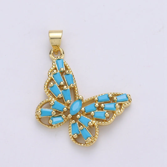 Teal Cabochon Butterfly Baguette Micro Pave 14K Gold Pendant, Cubic Zirconia Butterfly Pendant Charm ,For DIY Jewelry PDGF-001427