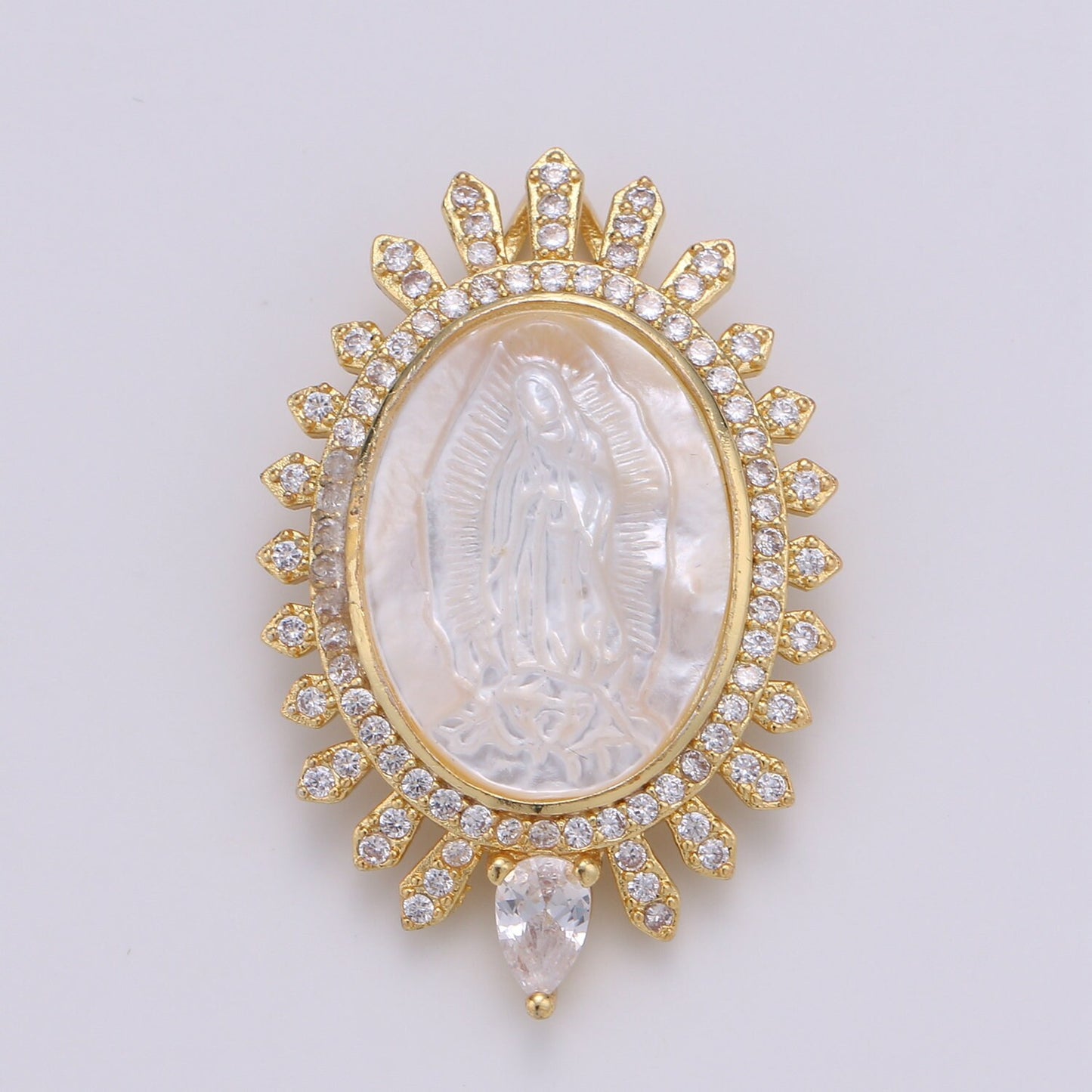 24k Gold CZ Virgin Mary Pendant, Lady Guadalupe Cubic Zirconia Charm, Mother of God Medallion, Rosary Charm for Necklace, PDGF-2070
