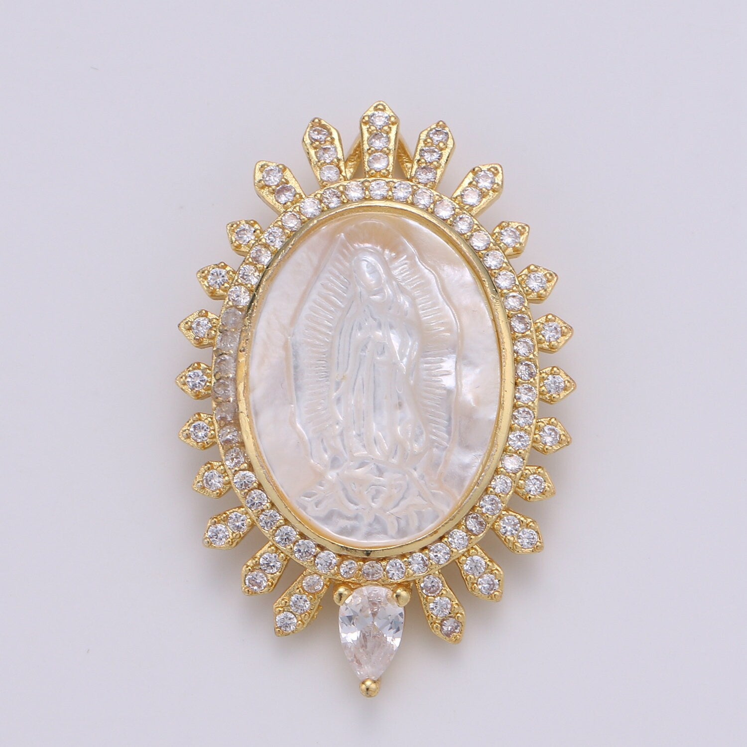 24k Gold CZ Virgin Mary Pendant, Lady Guadalupe Cubic Zirconia Charm, Mother of God Medallion, Rosary Charm for Necklace, PDGF-2070
