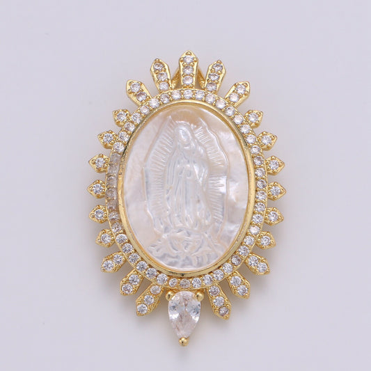 24k Gold CZ Virgin Mary Pendant, Lady Guadalupe Cubic Zirconia Charm, Mother of God Medallion, Rosary Charm for Necklace, PDGF-2070
