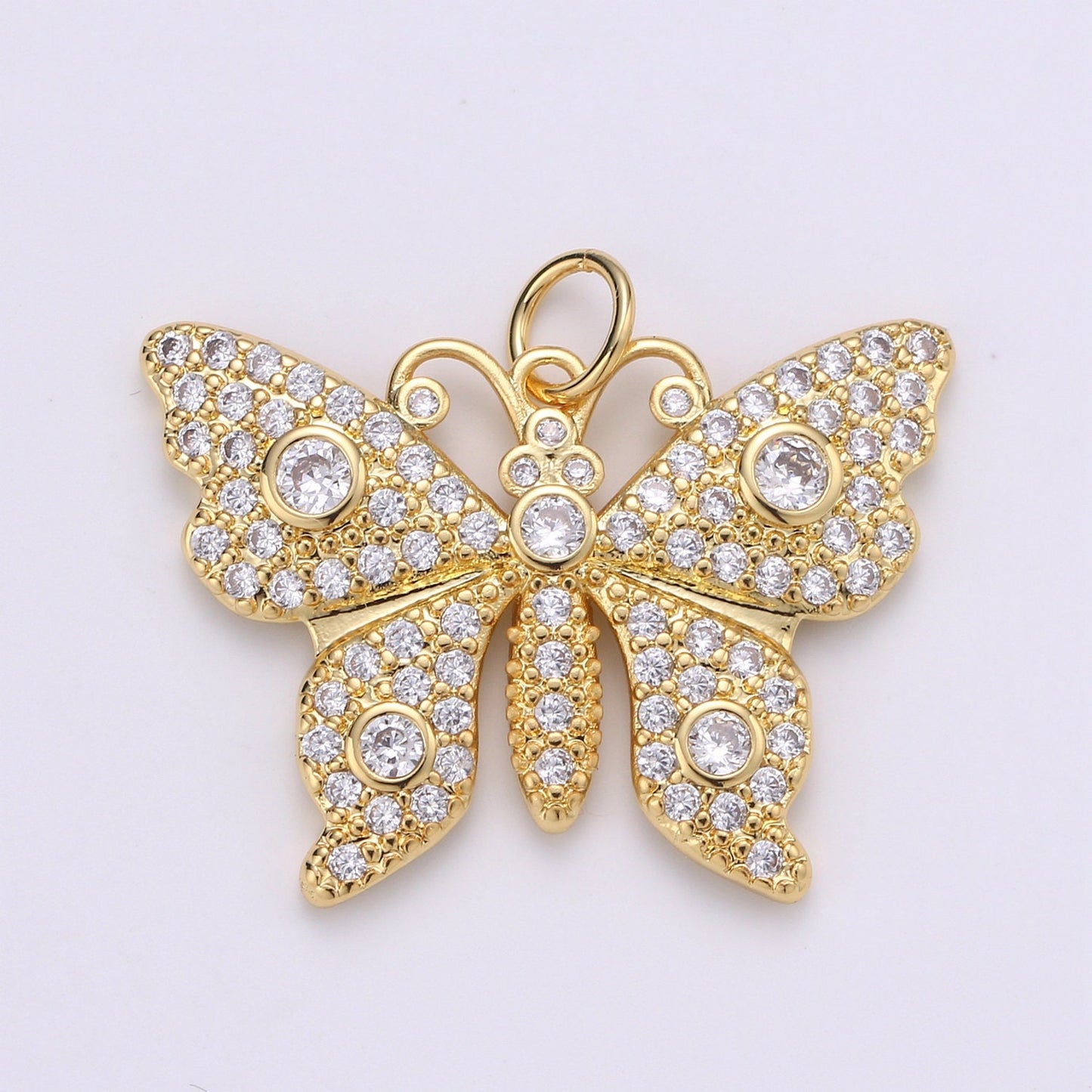 24K Gold Micro Pave Butterfly Charm Cubic Zirconia Mariposa Pendant Charm CZ Diamond Cut Moth Charm, CHGF-1939