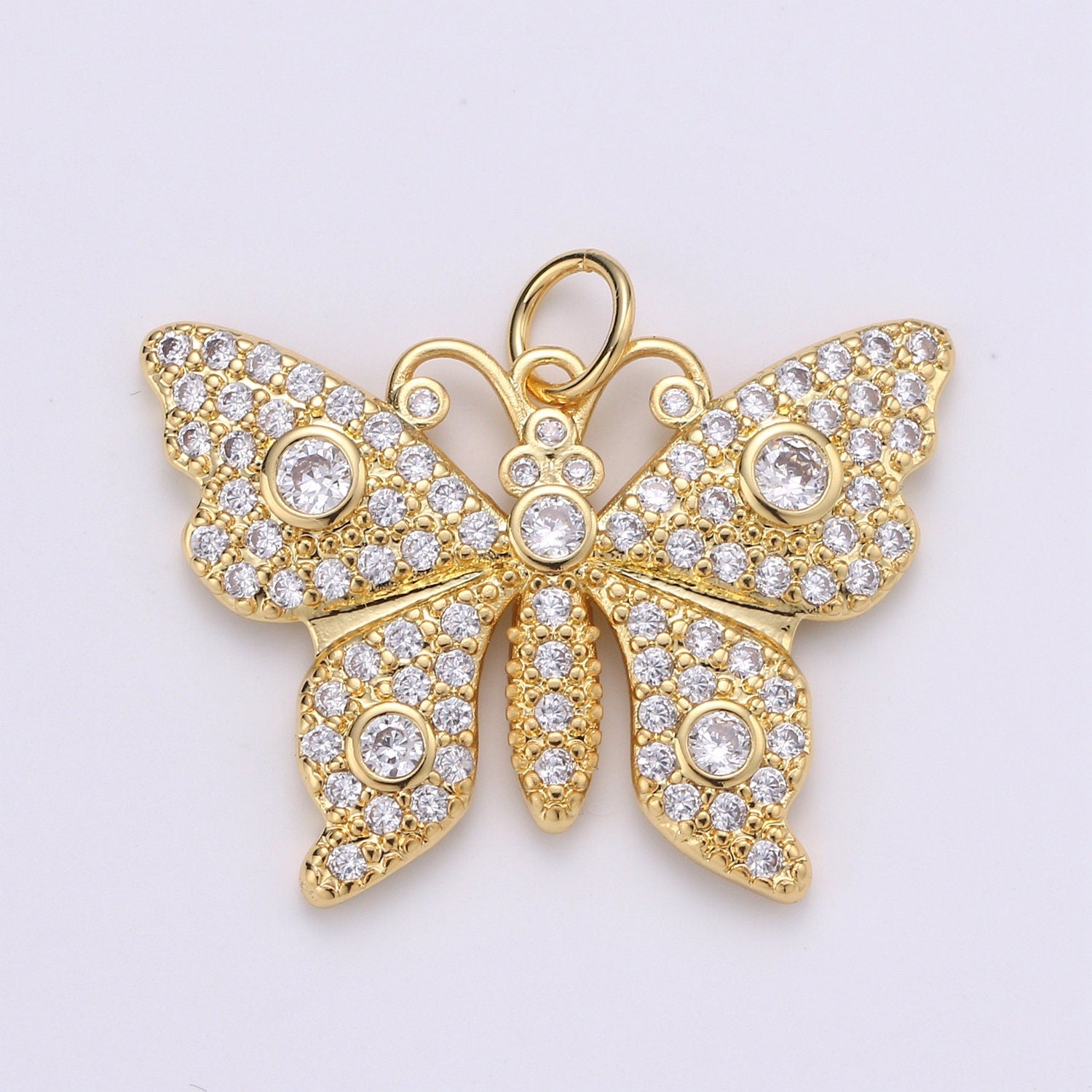 24K Gold Micro Pave Butterfly Charm Cubic Zirconia Mariposa Pendant Charm CZ Diamond Cut Moth Charm, CHGF-1939