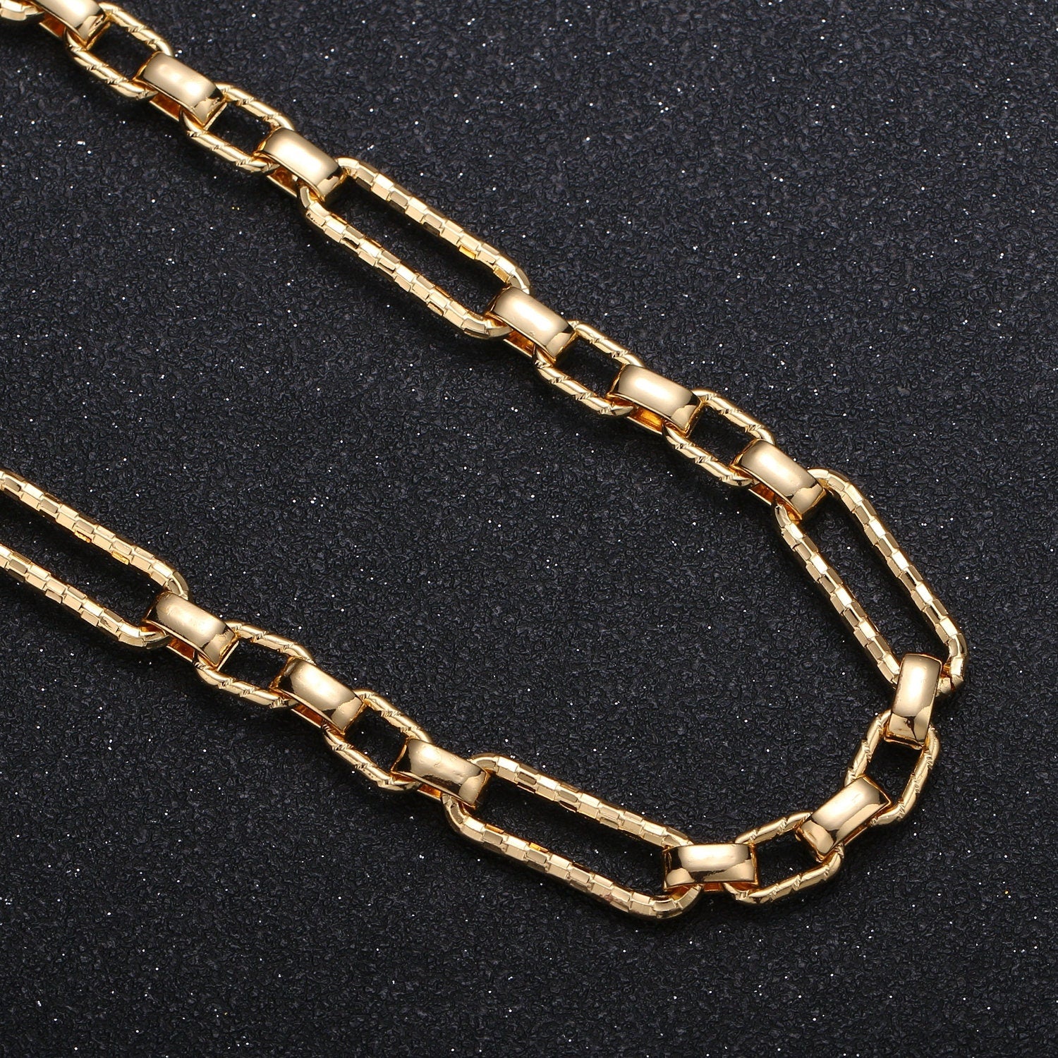 Woven Embosed 24K Gold Rolo Cable Paperclip Chain by Yard, Link Cable Thick Elongate Chain, Fancy Wholesale bulk Roll Chain, 370