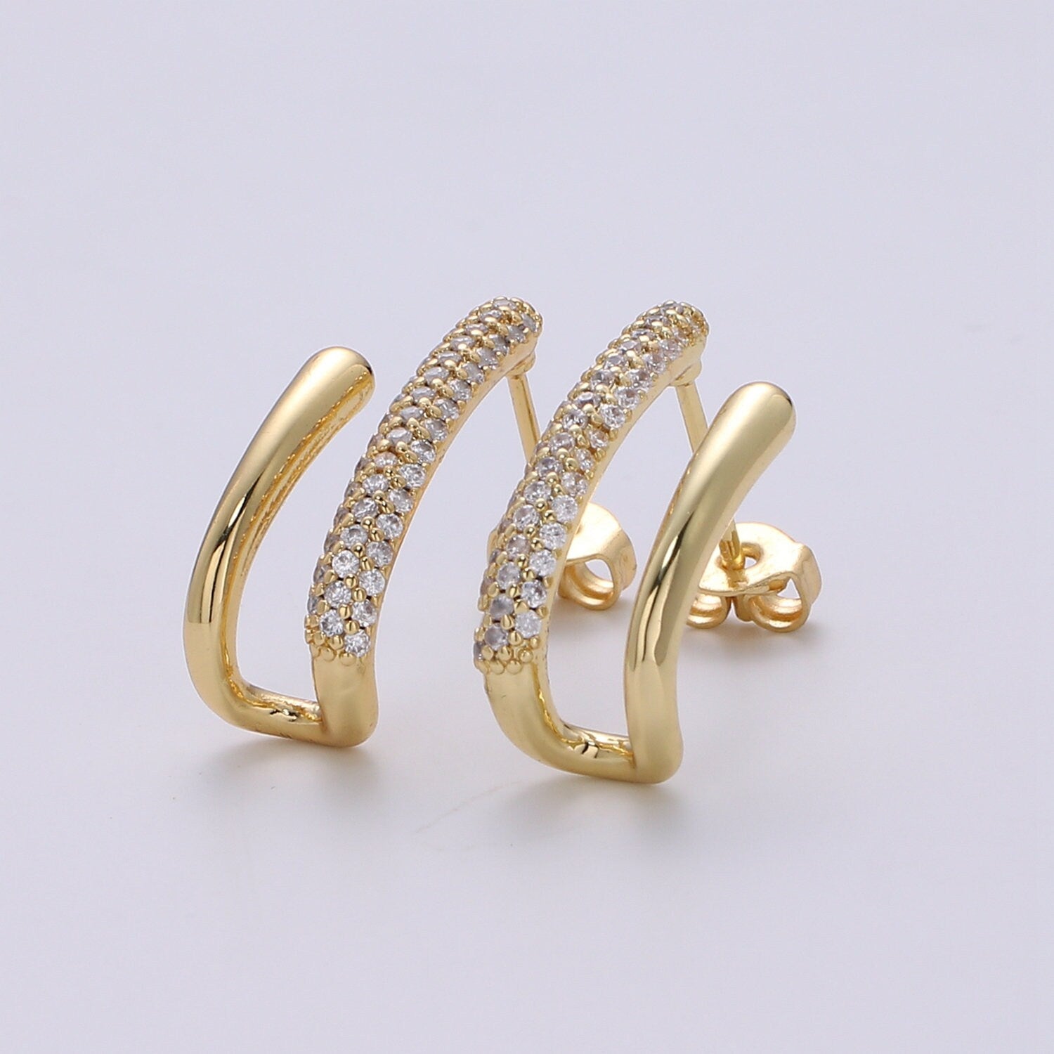 U Shape 24K Gold filled CZ Pave Stud, White Gold filled Micro Pave Earring for DIY Earring Craft Supply Jewelry Making, EARR-1367, 1368